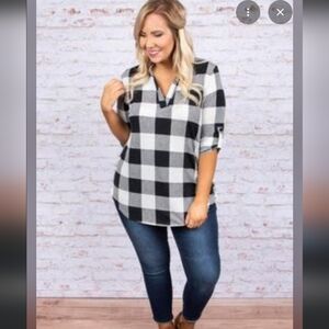 Chic Soul Oversized XL 1x Checkered Colorado Livin 3/4 Sleeve Blouse V Neck